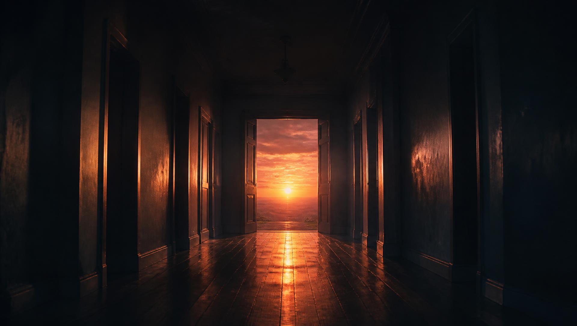 A dark hallway opening onto a glowing sunset horizon